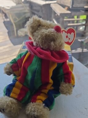 Ty Plush Bear in Rainbow Striped Outfit with Pink Collar Piccadilly